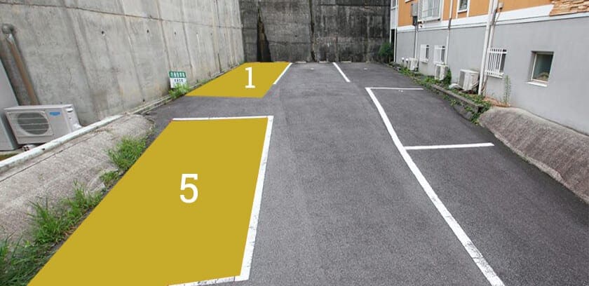 千種スタジオの駐車場。黄色く塗られた No.1 と No.5 がノーブレムの区画