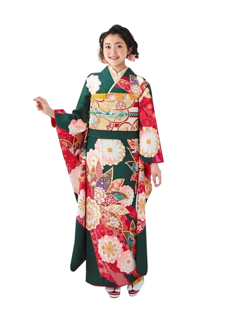 緑の振袖を着た成人式の前撮り写真